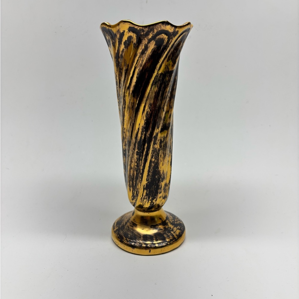 Vintage Stangl Black & Gold 22k Footed Vase MCM